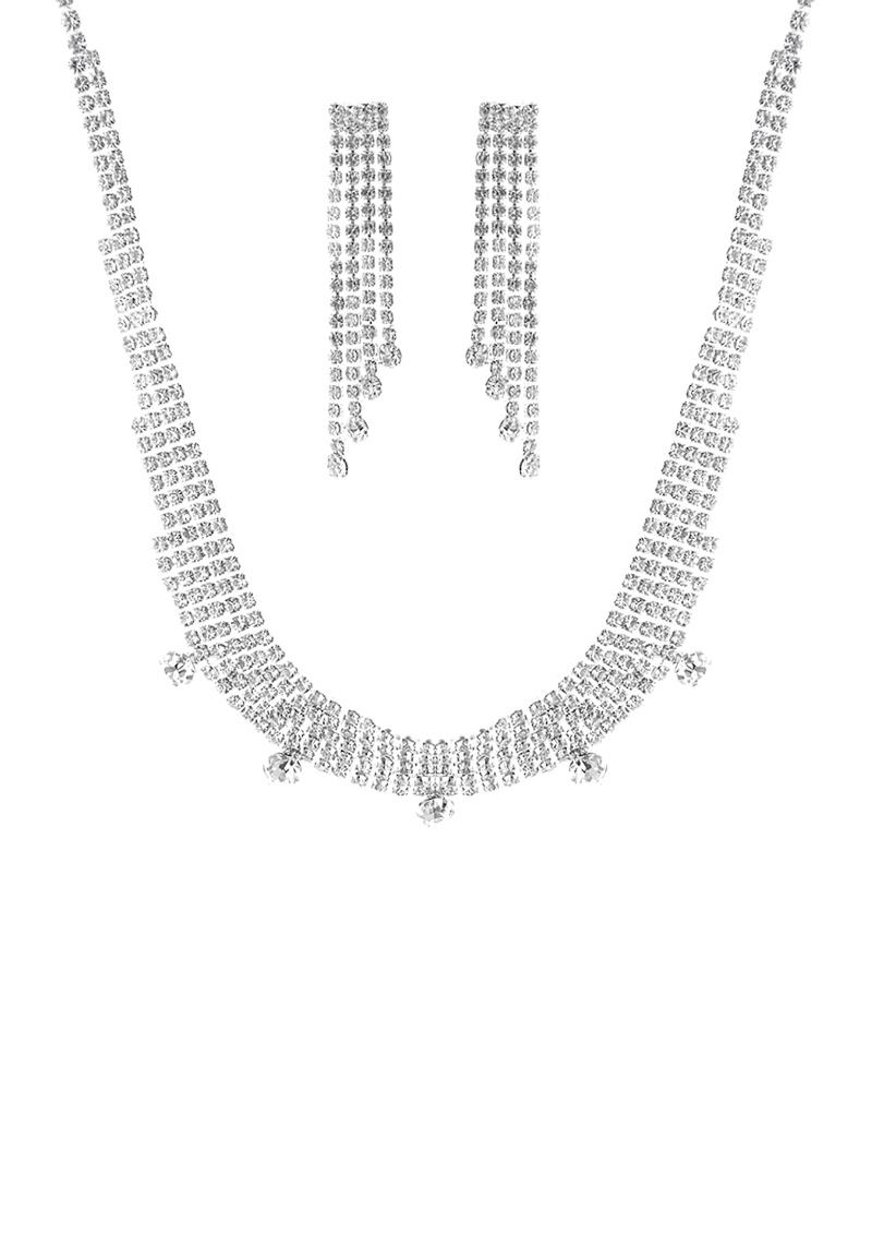 MULTI LAYER RHINESTONE END CRYSTAL NECKLACE AND EARRING SET