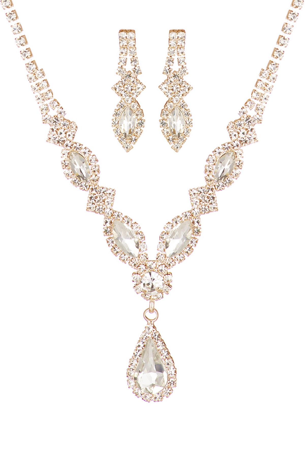 RHINESTONE MARQUISE PEAR SHAPE NECKLACE EARRING SET