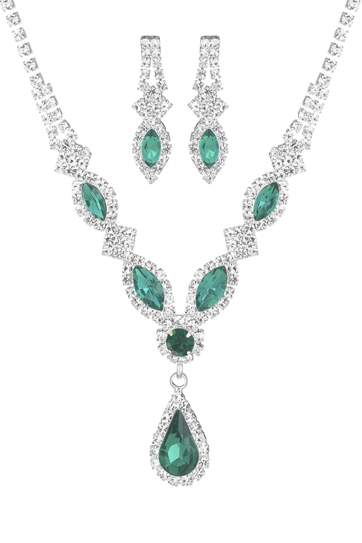 RHINESTONE MARQUISE PEAR SHAPE NECKLACE EARRING SET