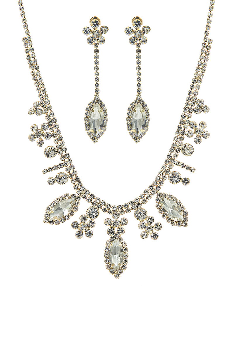 RHINESTONE FLOWER TOP MARQUISE NECKLACE EARRING SET