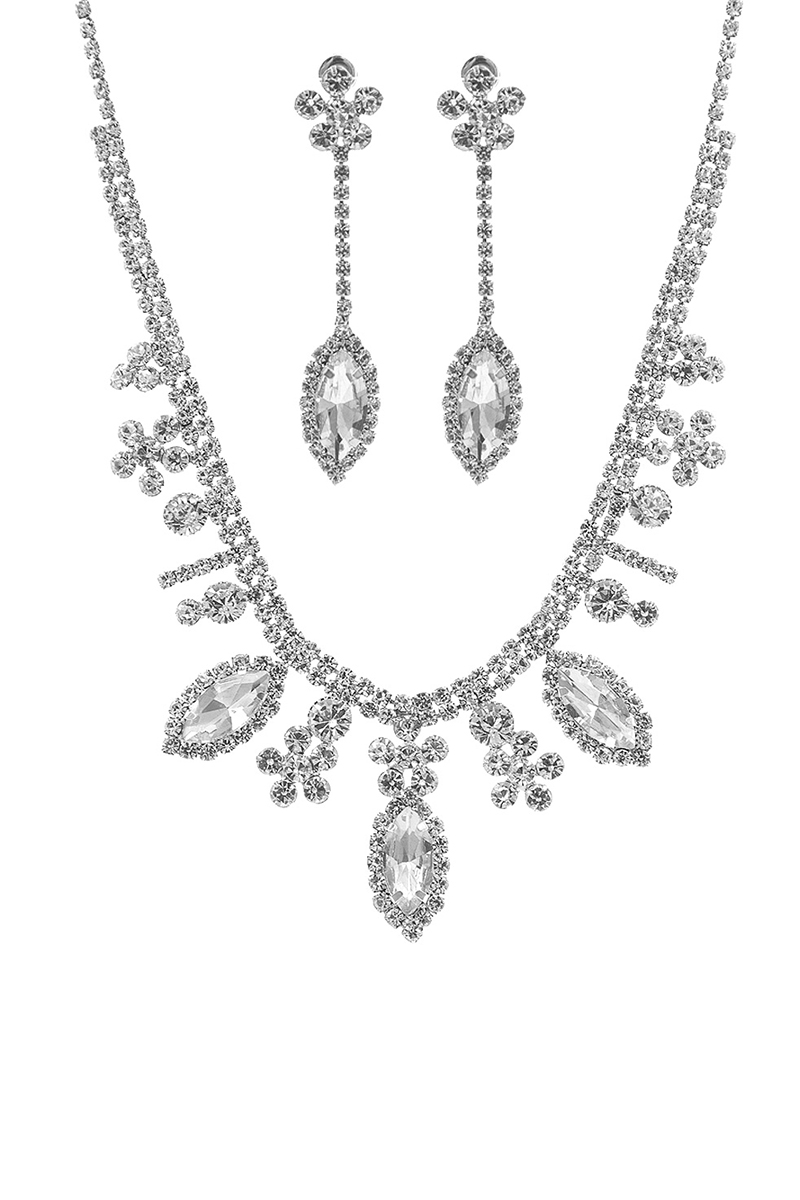 RHINESTONE FLOWER TOP MARQUISE NECKLACE EARRING SET