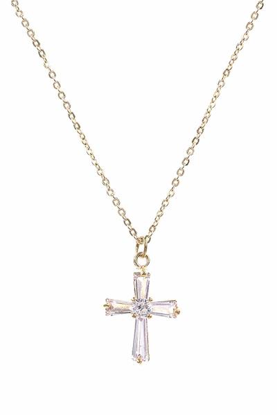 METAL CHAIN CRYSTAL STONE CROSS PENDANT NECKLACE