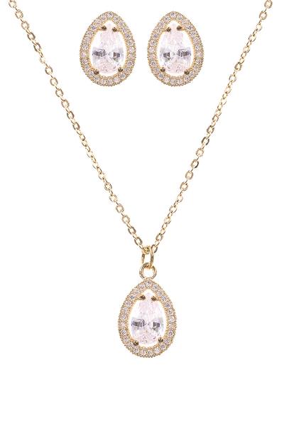 CUBIC ZIRCONIA RHINESTONE TEARDROP PENDANT NECKLACE EARRING SET