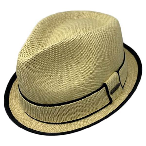 WOVEN STRAW PANAMA HAT WITH CONTRAST BLACK EDGE TRIM AND RIBBON BAND