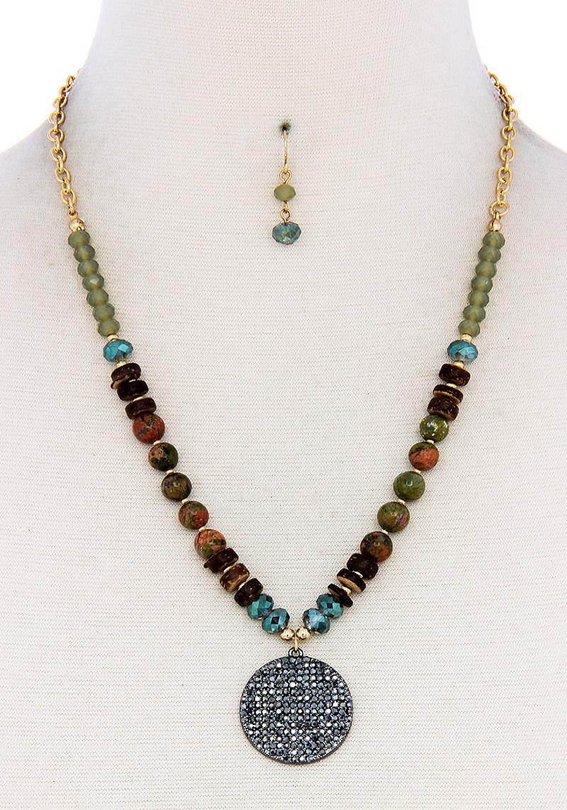 BEADED AND CIRCLE PENDANT NECKLACE AND EARRING SET