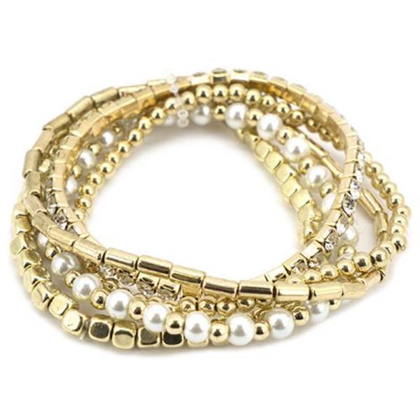 FASHION METAL PEARL BEAD STRETCH MULTI BRACELET