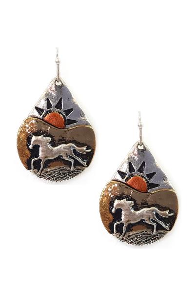 RODEO WESTERN RUSTIC ANTIQUE TEARDROP HORSE DANGLE EARRING