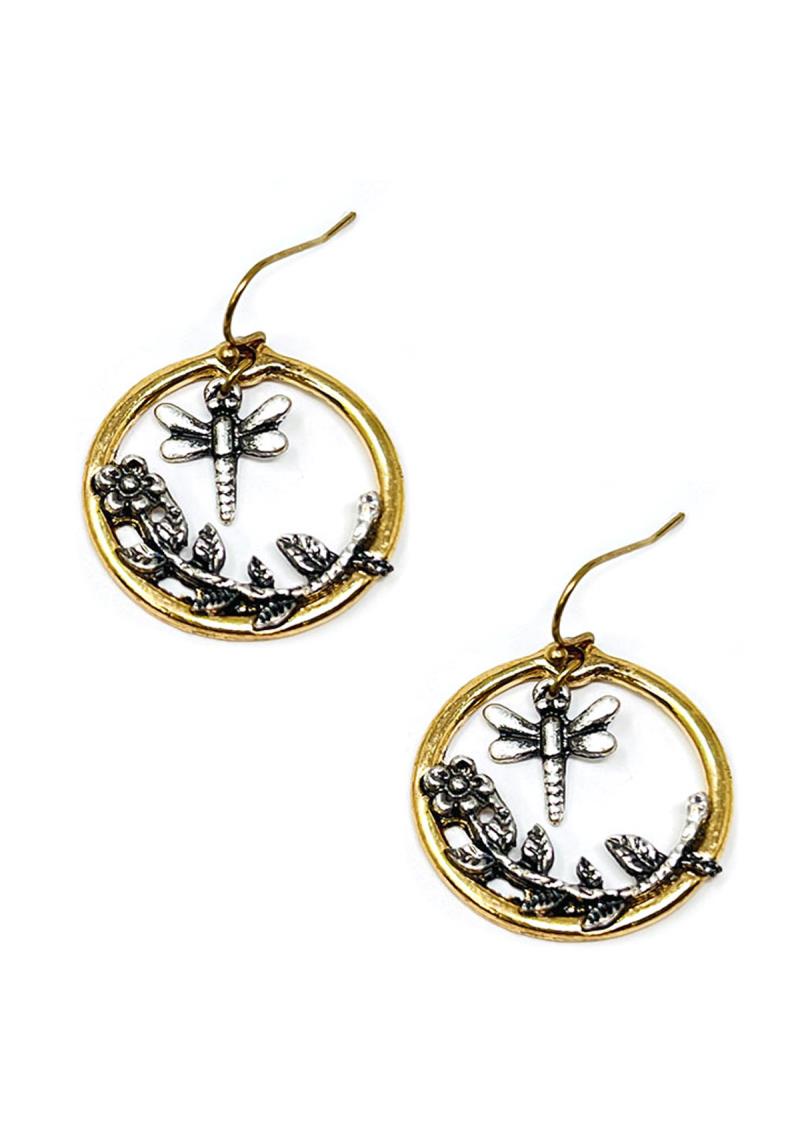 RODEO WESTERN RUSTIC ANTIQUE FLOWER DRAGONFLY DANGLE EARRING