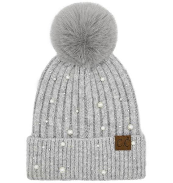 CC PEARL EMBELLISHMENTS POM BEANIE HAT