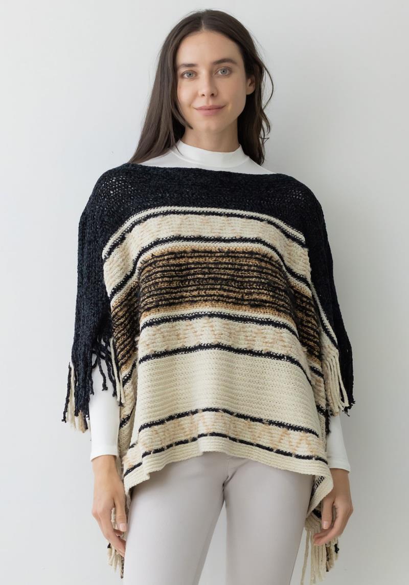 TEXTURED CHENILLE PONCHO WITH TASSELS