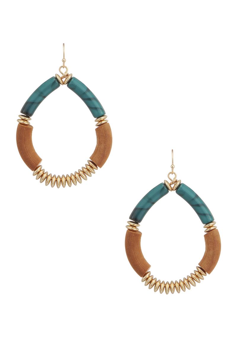 METAL WOOD ACRYLIC TEARDROP DANGLE EARRING