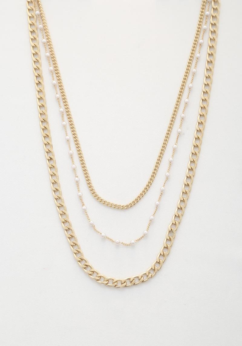 PEARL BEAD FIGARO LINK LAYERED NECKLACE
