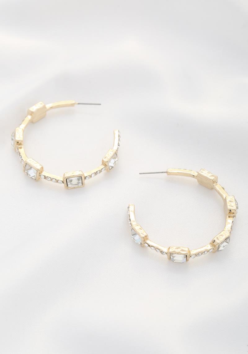 SQUARE CRYSTAL OPEN HOOP EARRING
