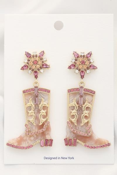 FILIGREE COWBOT BOOT ACETATE RHINESTONE DANGLE EARRING