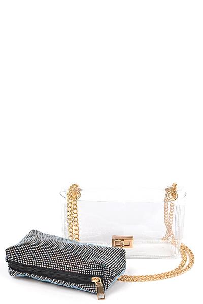 2IN1 TRANSPARENT CHAIN CROSSBODY BAG WITH HOTFIX POUCH