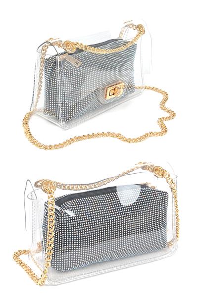 2IN1 TRANSPARENT CHAIN CROSSBODY BAG WITH HOTFIX POUCH
