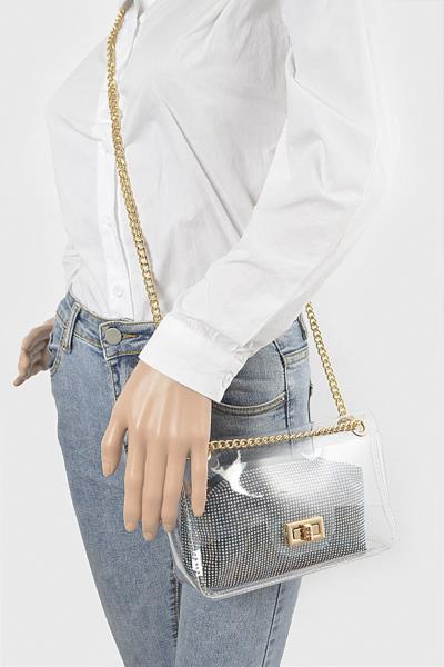 2IN1 TRANSPARENT CHAIN CROSSBODY BAG WITH HOTFIX POUCH