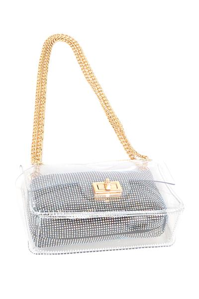 2IN1 TRANSPARENT CHAIN CROSSBODY BAG WITH HOTFIX POUCH
