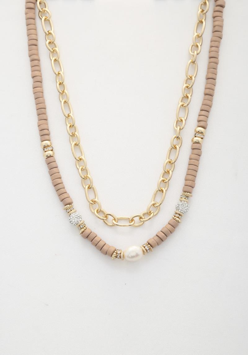 WOOD BEAD OVAL LINK LAYERED NECKLACE