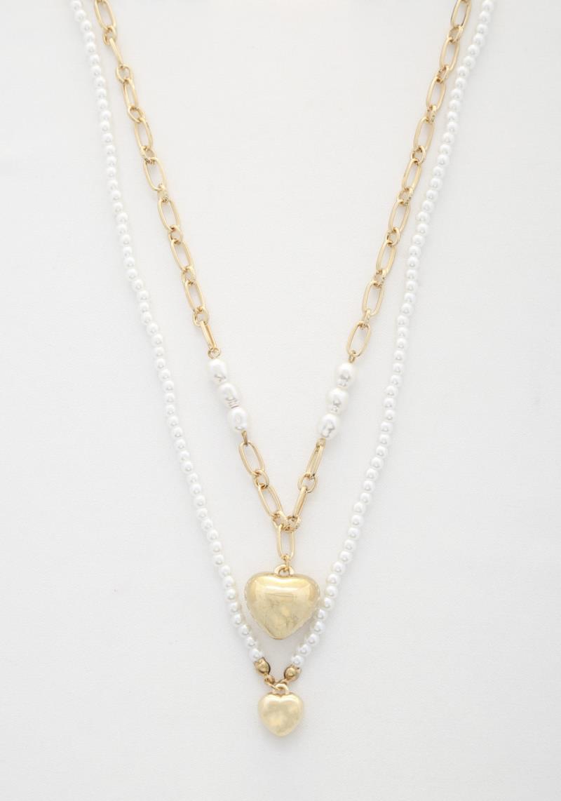 SODAJO PUFFY HEART CHARM BEADED OVAL LINK LAYERED NECKLACE