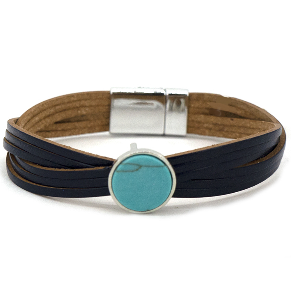 ROUND STONE PU LEATHER CRISS CROSS MAGNETIC BRACELET