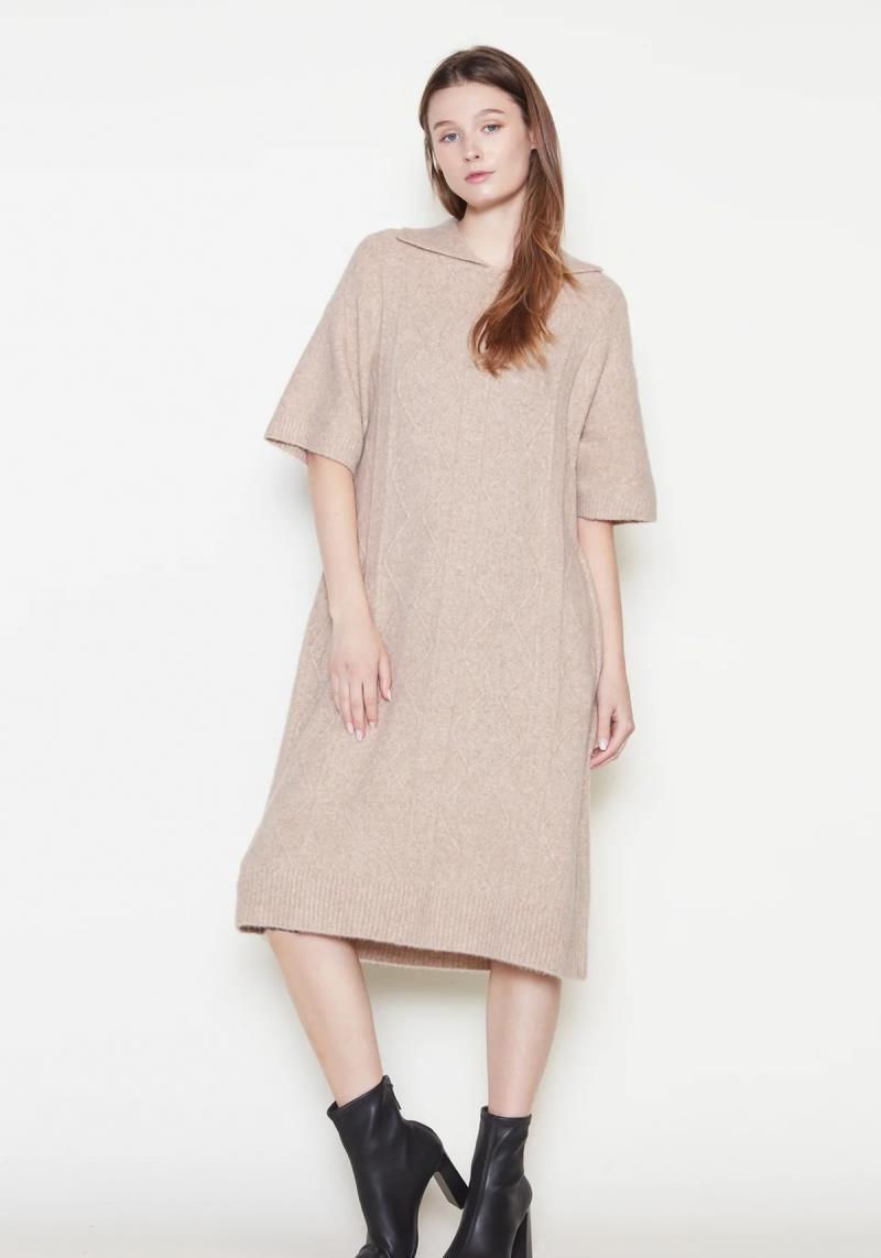 CABLE KNIT COLLARED SHORT SLEEVES DRESS