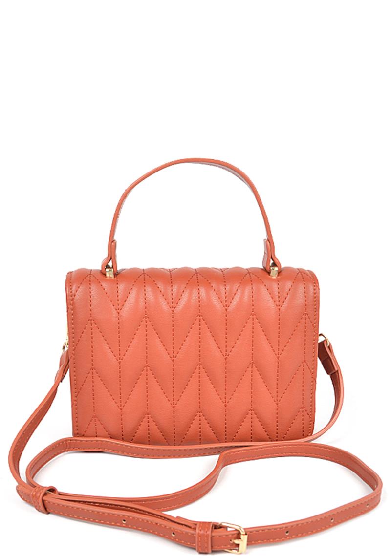 CROSS QUILTED FAUX LEATHER TOP HANDLE FLAP BAG