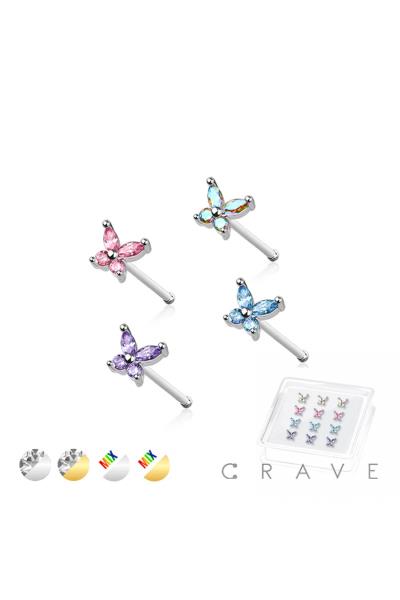 12PCS OF CZ PRONG BUTTERFLY 316L SURGICAL STEEL NOSE BONE STUD BOX