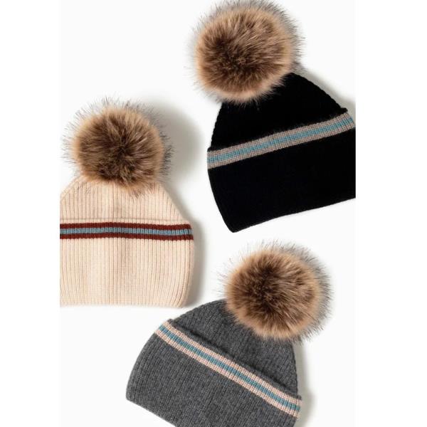 WIDE CUFF STRIPE POMPOM BEANIES HAT