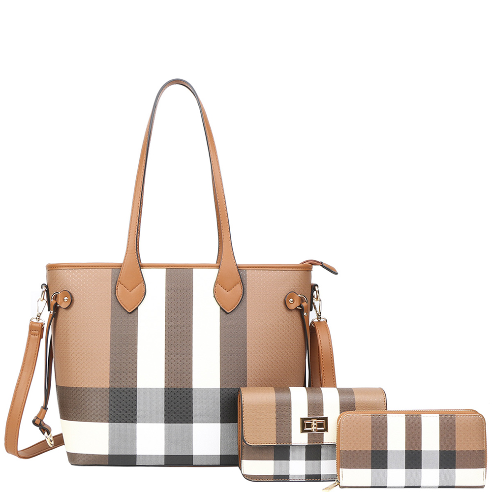 3IN1 PLAID SATCHE BAG WITH MATCHING CROSSBODY AND WALLET SET