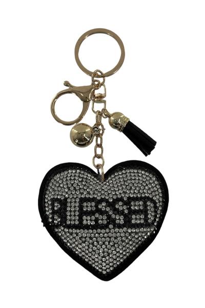 RHINESTONE BLESSED HEART KEYCHAIN WITH TASSEL