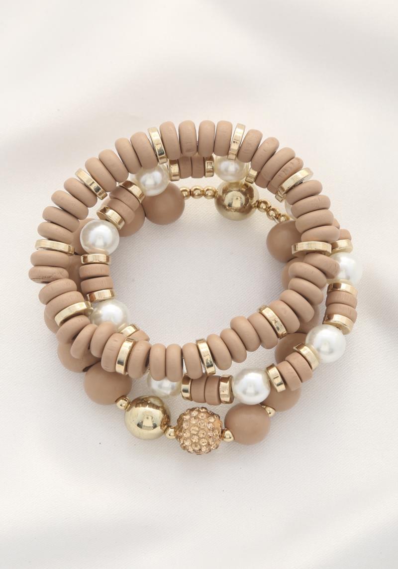 PEARL BEAD WOOD DISC BRACELET SET