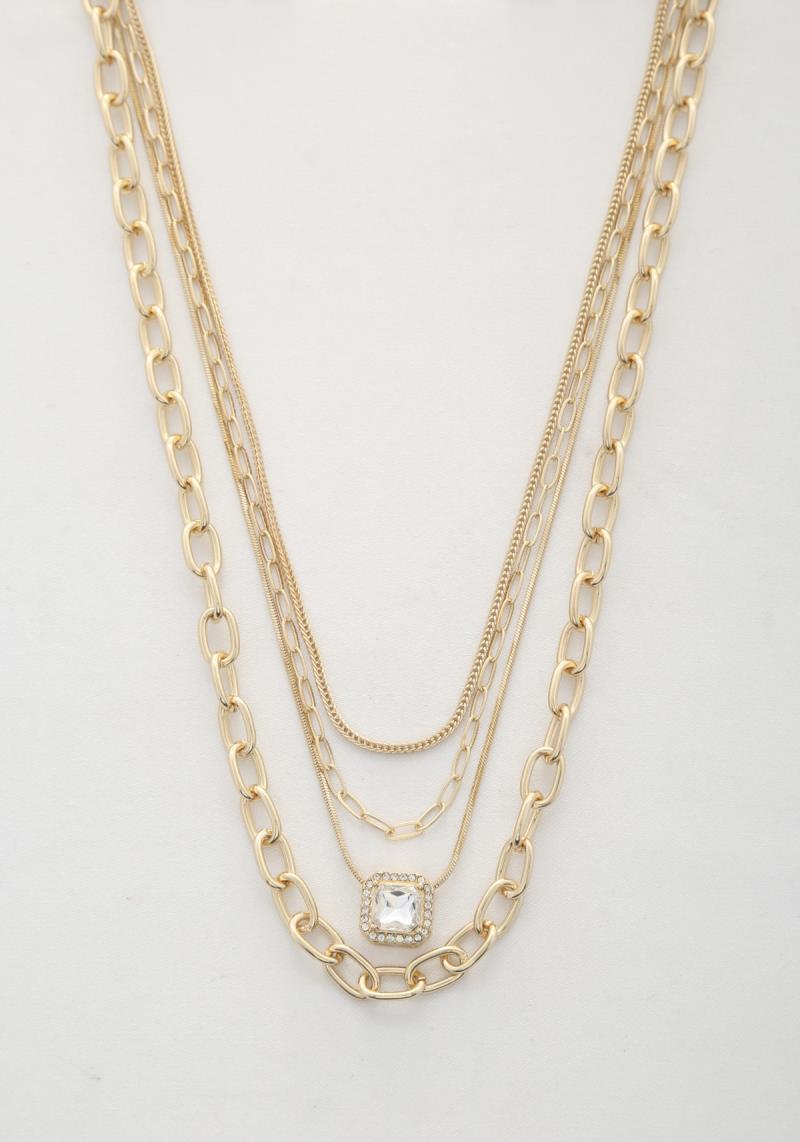 SQUARE CRYSTAL CHARM OVAL LINK LAYERED NECKLACE