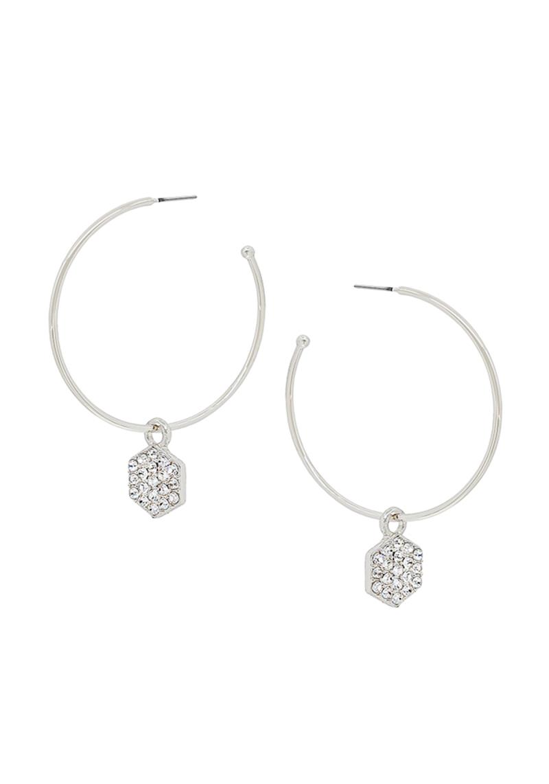 HEXAGON PAVE CHARM C HOOP EARRINGS