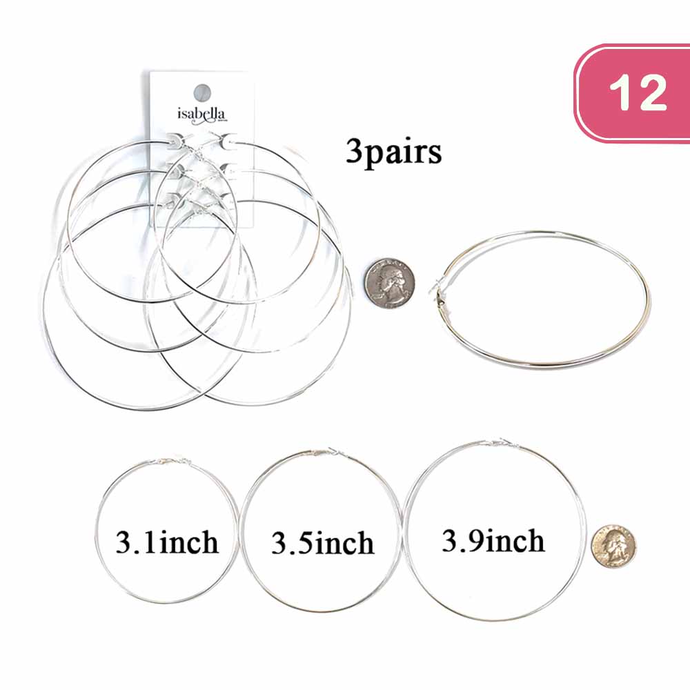 FASHION 3 PAIR HOOP EARRING 12 UNITS