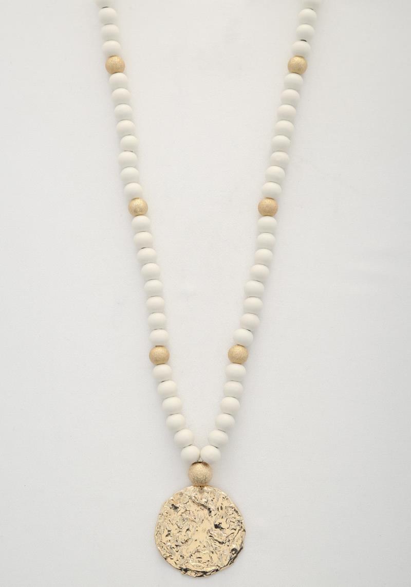 HAMMERED COIN PENDANT WOOD BEAD NECKLACE