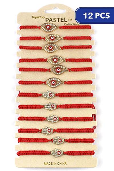 RHINESTONE EYE HAMSA HAND STRING BRACELET (12 UNITS)