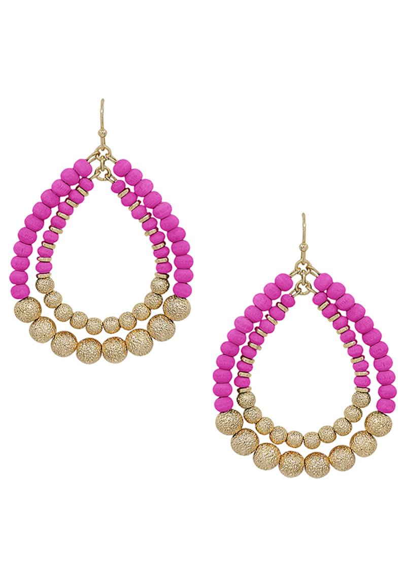 DOUBLE TEARDROP WOOD SATIN BALL EARRING