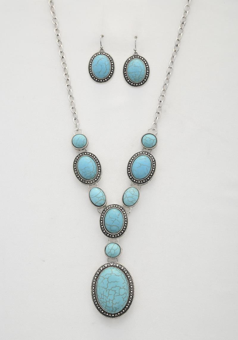 TURQUOISE OVAL BEAD Y SHAPE NECKLACE