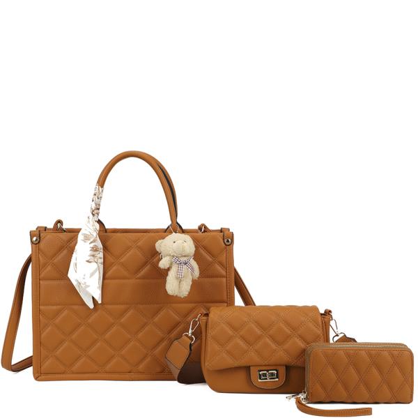 3IN1 QUILT SATCHEL BAG WITH CROSSBODY AND WALLET SET