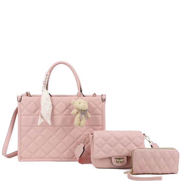3IN1 QUILT SATCHEL BAG WITH CROSSBODY AND WALLET SET