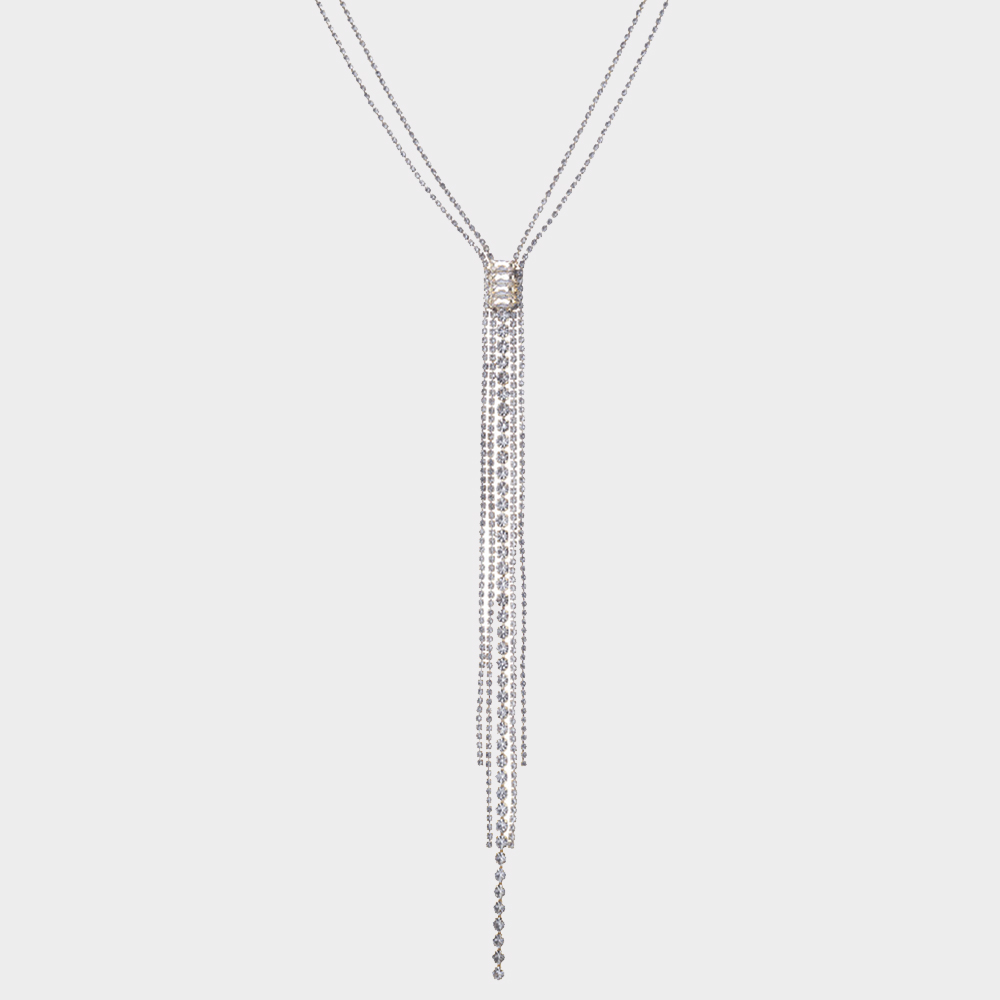 RHINESTONE CRYSTAL BAGUETTE TASSEL NECKLACE