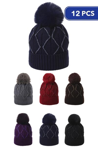 FASHION RHINESTONE POM POM BEANIES (12 UNITS)