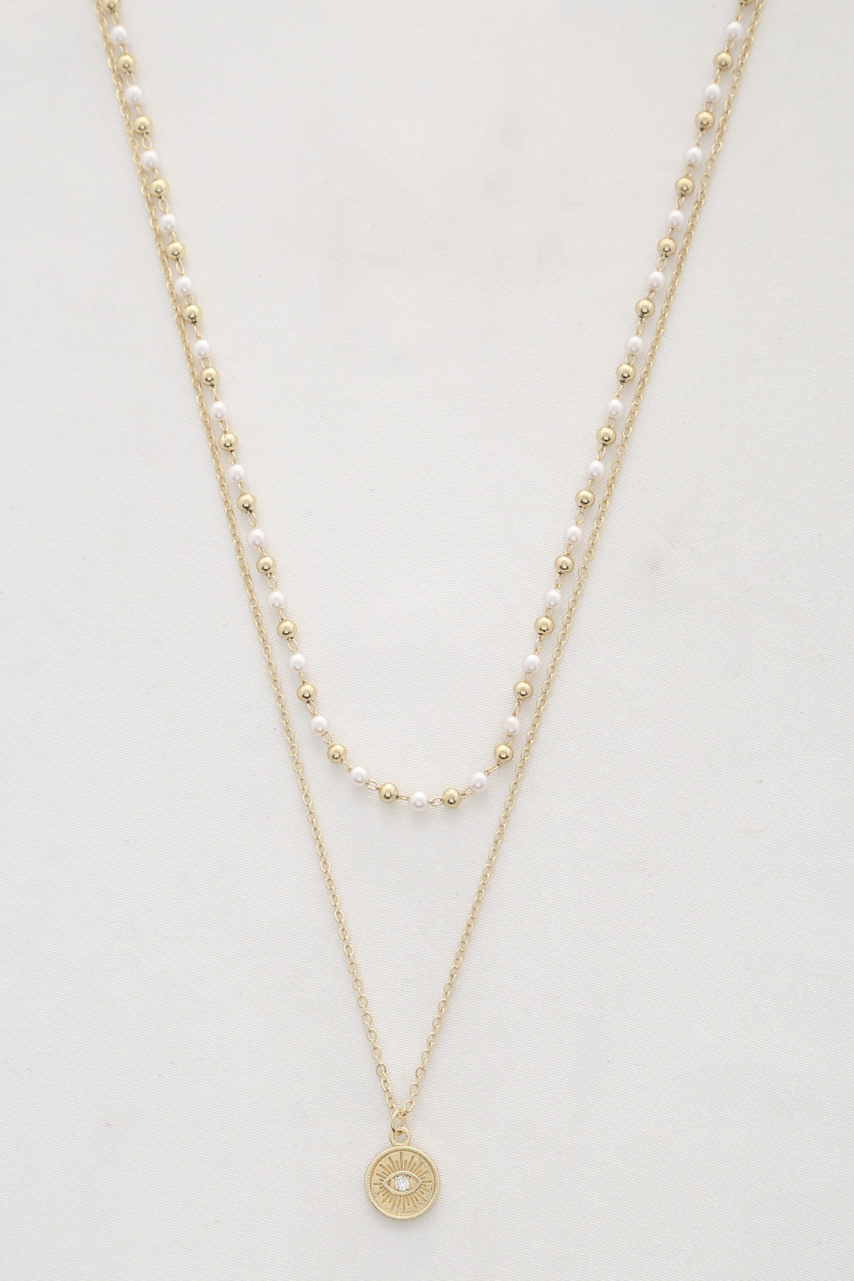 EYE COIN BALL PEARL BEAD LAYERED NECKLACE