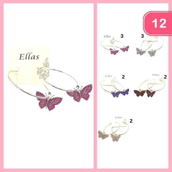 CHIC RHINESTONE BUTTERFLY METAL HOOP EARRING 12 UNITS