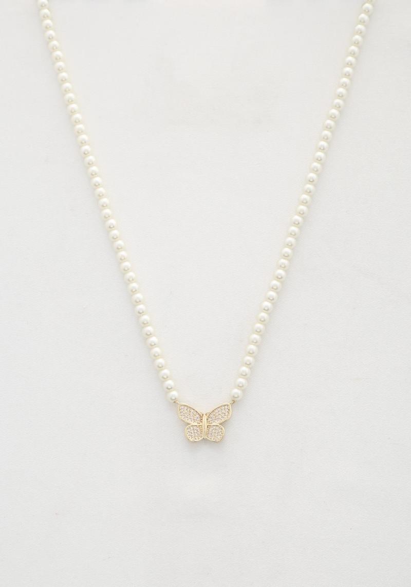 BUTTERFLY CHARM PEARL BEAD NECKLACE