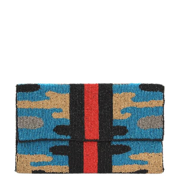 CAMOUFLAGE STRIPED DESIGN BEADED CLUTCH BAG