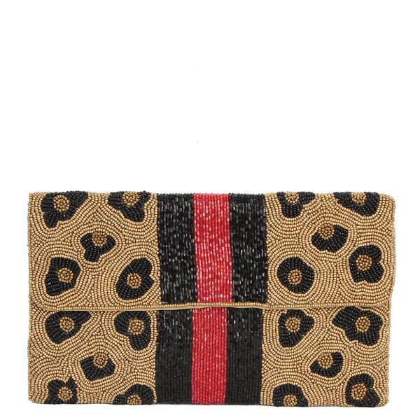 CHEETAH ANIMAL PRINT STRIPED BEADED CLUTCH BAG