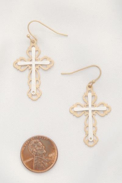 TWO TONE CROSS DANGLE EARRING