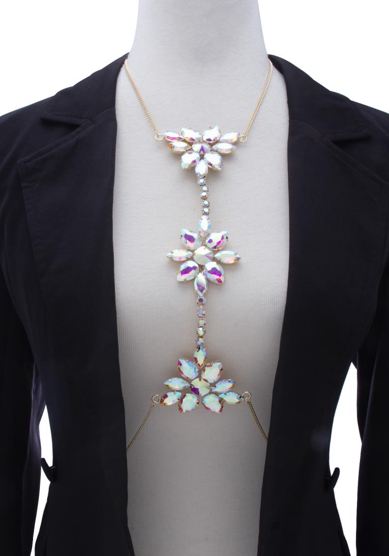 FLOWER TEARDROP RHINESTONE BODY CHAIN NECKLACE